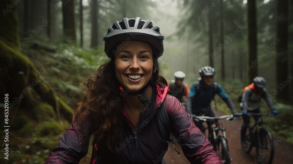 A woman in cycling gear riding her mountain bike with friends along a trail in a misty forest A woman in cycling gear riding her mountain bike with friends along a trail in a misty forest