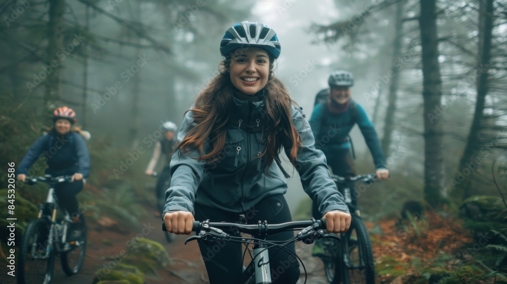 A woman in cycling gear riding her mountain bike with friends along a trail in a misty forest A woman in cycling gear riding her mountain bike with friends along a trail in a misty forest