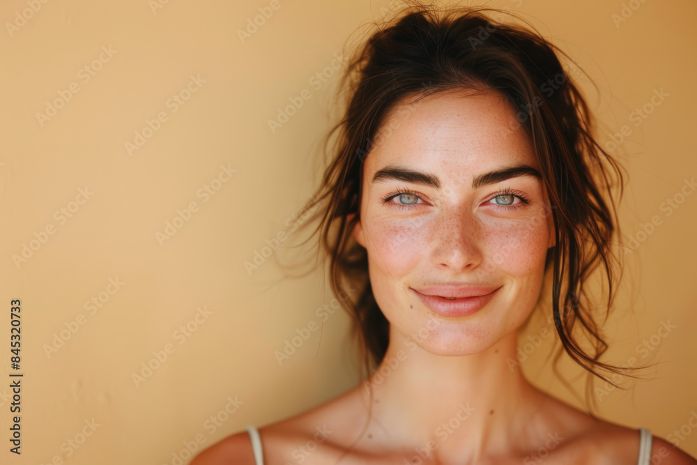 A close up portrait of a woman with a subtle smile A close up portrait of a woman with a subtle smile