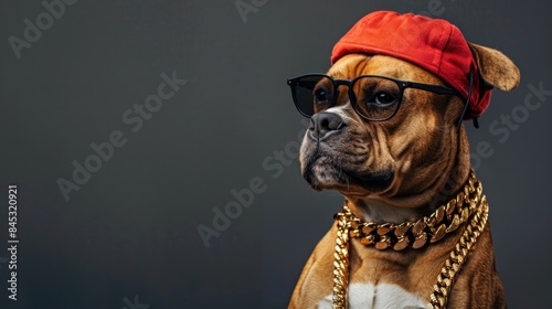 superstar dog posing with baseball cap, sunglasses, golden Cuban chain isolated on dark gray background copy space.