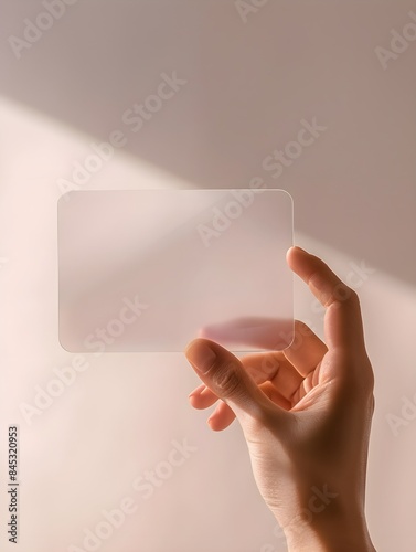 A mockup featuring a hand holding a blank translucent card with rounded corners, serving as a clear call-card template.