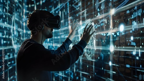 A man wearing a VR headset interacting with futuristic digital grid