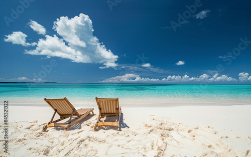 Sundeck chairs on white sand beach facing the sea. Summertime or vacation concept