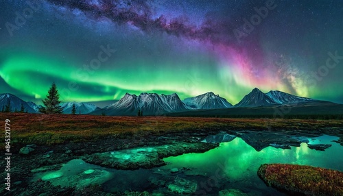 Aurora borealis in the mountains with silhouette of a forest