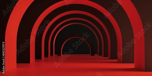 An image of abstract red and black arches creating a smooth and visually appealing tunnel effect, characterized by strong lines and modern minimalist design.