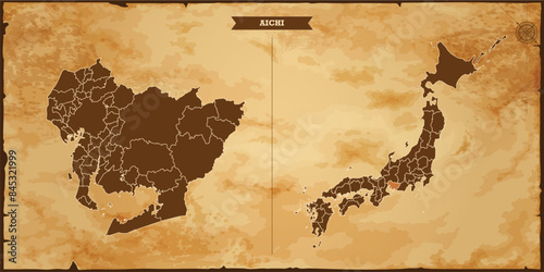 Aichi state map, Japan map with federal states in A vintage map based background, Political Japan Map