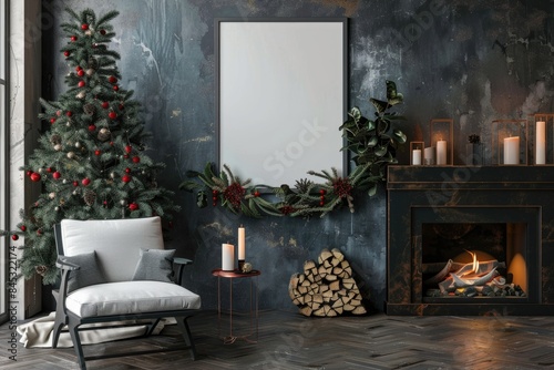 Cozy Winter Interior with Decorated Christmas Tree and Blank Picture Frame © dashtik