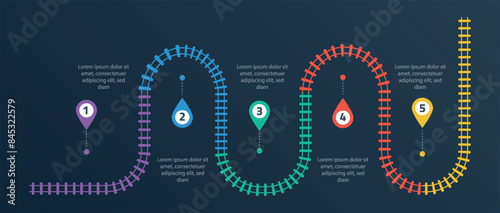 Railroad tracks infographic. Business template with numbers 5 options or steps. Railway simple icon, rail track direction, train tracks colorful vector illustration on a black background.
