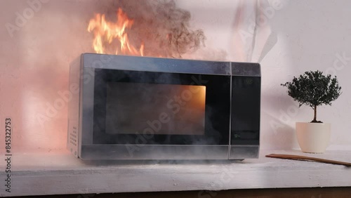 Burning microwave oven on fire sparkles and smokes in kitchen on table.