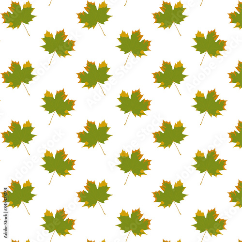 Seamless pattern for packaging and wrapping paper. Green maple leaf with yellow and brown spots on a white background. Print for gift bag and banner. Ornament for fabric and textiles. Vector.