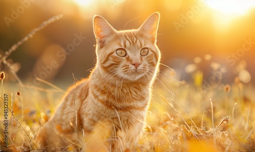 Portrait of ginger cat in nature outdoors sits on flower lawn on sunset summer day © anatoliycherkas