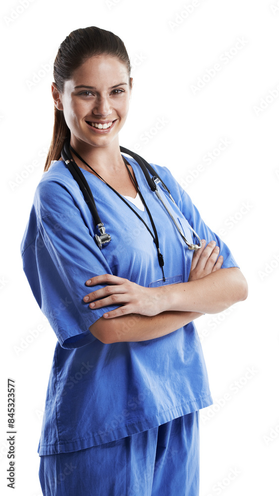 Woman, doctor and arms crossed in studio for healthcare on white background, happy and satisfied with career. Surgeon, confident and smile in portrait as medical professional, expert and support. Woman, doctor and arms crossed in studio for healthcare on white background, happy and satisfied with career. Surgeon, confident and smile in portrait as medical professional, expert and support.