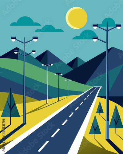 The solarpowered highway lights with their sleek and modern design seamlessly blend in with the surrounding natural landscape providing safe and sustainable lighting for drivers.. Vector illustration