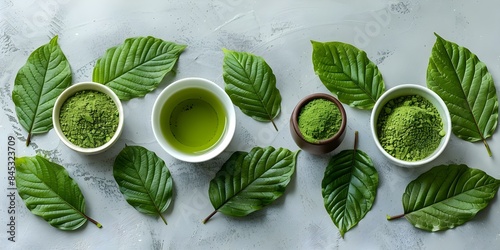 Comparison of kratom leaves and matcha tea on white background. Concept Kratom Leaves, Matcha Tea, White Background, Herbal Plants, Natural Remedies photo