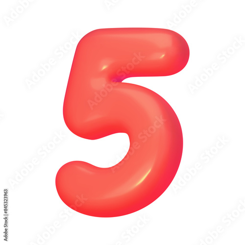 Number 5. Red digit five in 3d style. Realistic design in cartoon balloon style, elements isolated on white background. Vector illustration