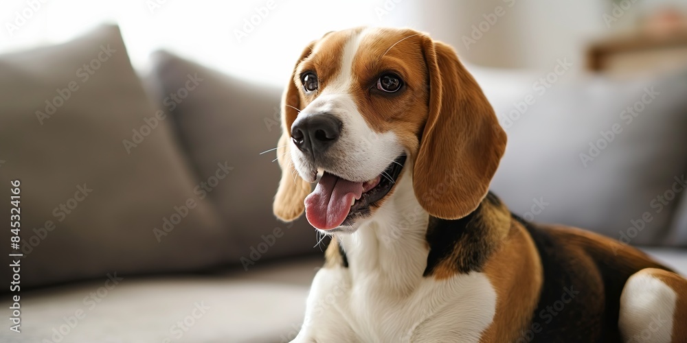 A delighted Beagle dog is sitting on a comfy couch, sticking its tongue out, exuding a sense of contentment and relaxation on a cozy indoor setting. A delighted Beagle dog is sitting on a comfy couch, sticking its tongue out, exuding a sense of contentment and relaxation on a cozy indoor setting.