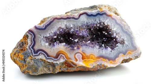 Agate stone section with geode on white background from Morocco Zaer Zajane