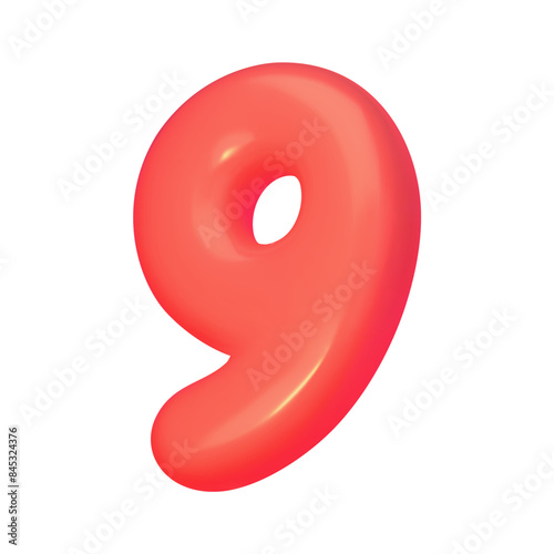 Number 9. Red digit nine in 3d style. Realistic design in cartoon balloon style, elements isolated on white background. Vector illustration