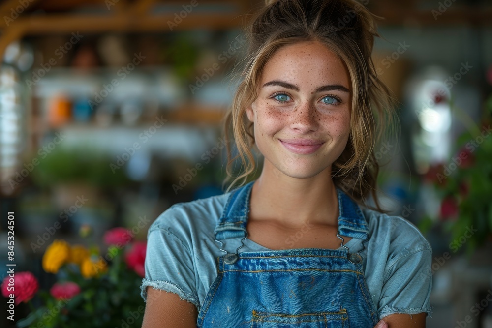 A smiling teenage girl in denim overalls posing in front of flower background A smiling teenage girl in denim overalls posing in front of flower background