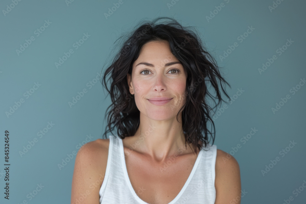A close up portrait of a woman with a subtle smile A close up portrait of a woman with a subtle smile