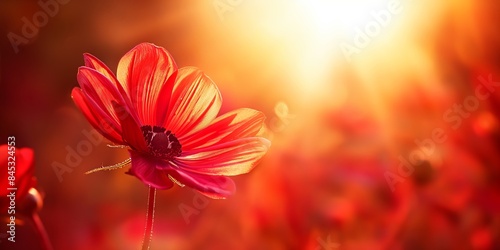 A single red flower bathed in soft sunlight evokes a warm, dreamy atmosphere, emphasizing the delicate petals and rich colors that create a serene natural beauty. photo