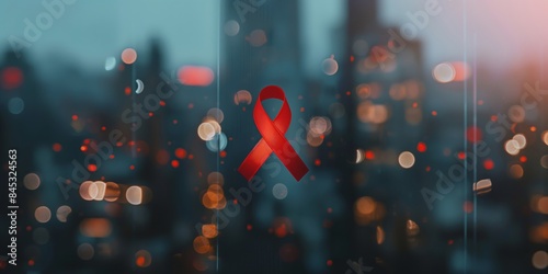 A red ribbon set against a bokeh cityscape background represents support and awareness, with lights creating a visually striking and symbolic urban image. photo