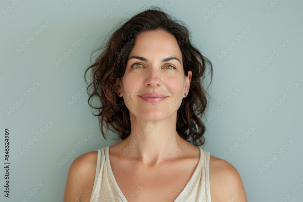 A close up portrait of a woman with a subtle smile A close up portrait of a woman with a subtle smile