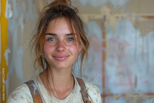 A fresh-faced young artist smiles joyfully as she takes a break from painting a bright backdrop photo