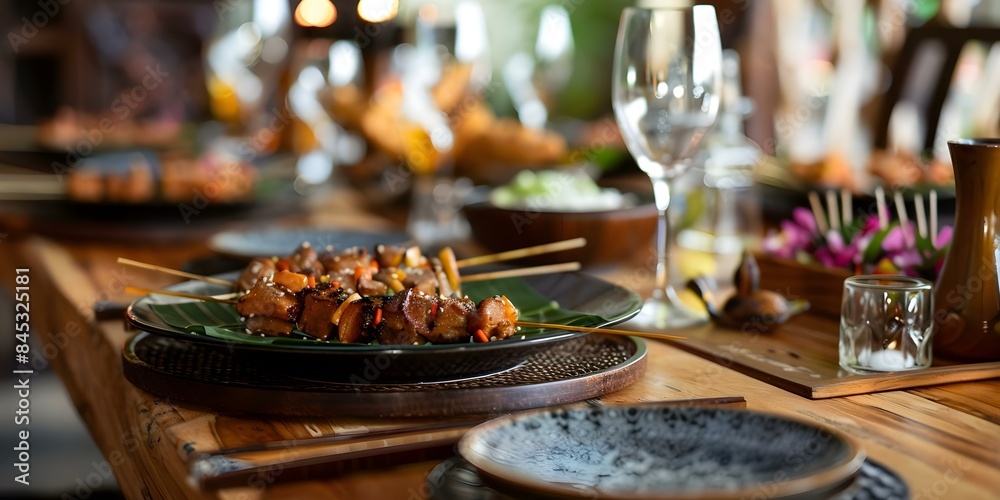 Rustic Table Setting for Traditional Celebrations with Satay Skewers. Concept Table Settings, Traditional Celebrations, Satay Skewers, Rustic Decor, Festive Ambiance Rustic Table Setting for Traditional Celebrations with Satay Skewers. Concept Table Settings, Traditional Celebrations, Satay Skewers, Rustic Decor, Festive Ambiance