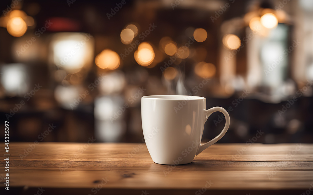 White coffee mug on a wooden table with a blurred cafe background, cozy warm lighting