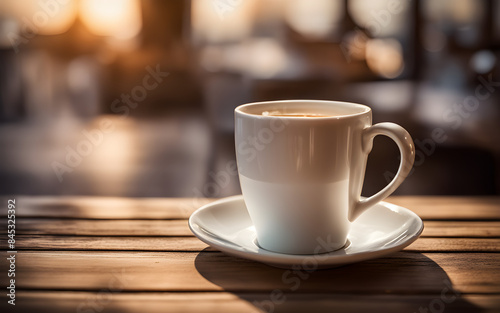 White coffee mug on a wooden table with a blurred cafe background, cozy warm lighting