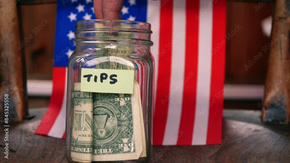 Tip jar with dollars and American flag background c