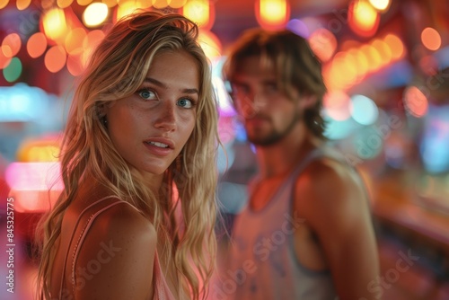 An alluring blonde woman glances back at the camera with a man in soft focus in the background