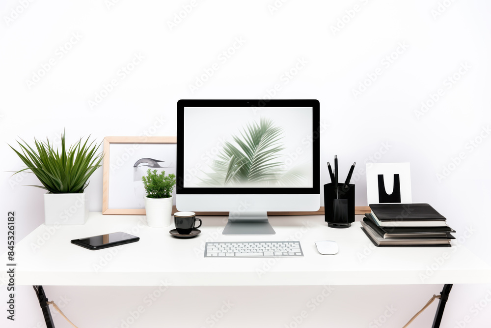 Minimalist Work Desk with Laptop, Camera, Plant, and Notebooks in White Background