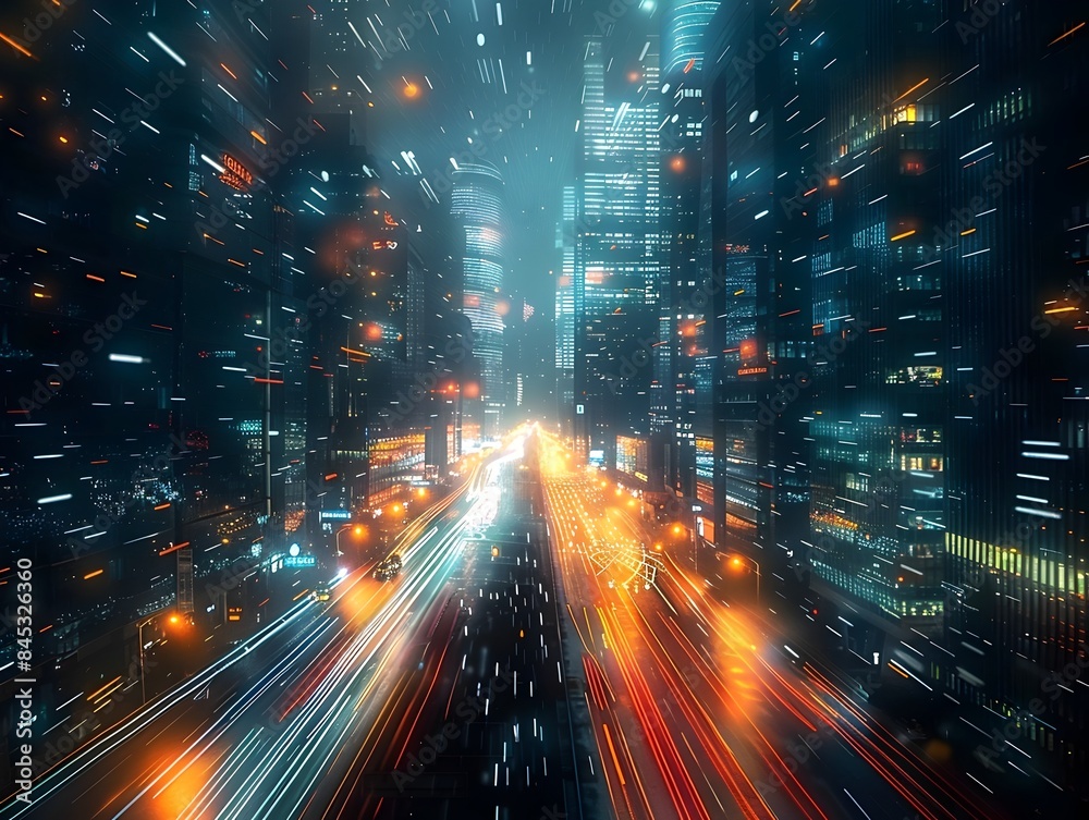 Obraz premium Fast Paced Techno City at Night with Bursts of Simulated Broadband Data