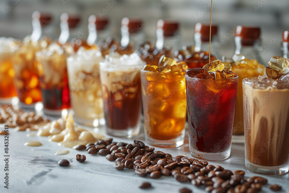 An array of various coffee and tea beverages on a marble surface, featuring different layers and toppings, perfect for a menu display. Copy space. Iced coffee and Summer drink advertisement An array of various coffee and tea beverages on a marble surface, featuring different layers and toppings, perfect for a menu display. Copy space. Iced coffee and Summer drink advertisement