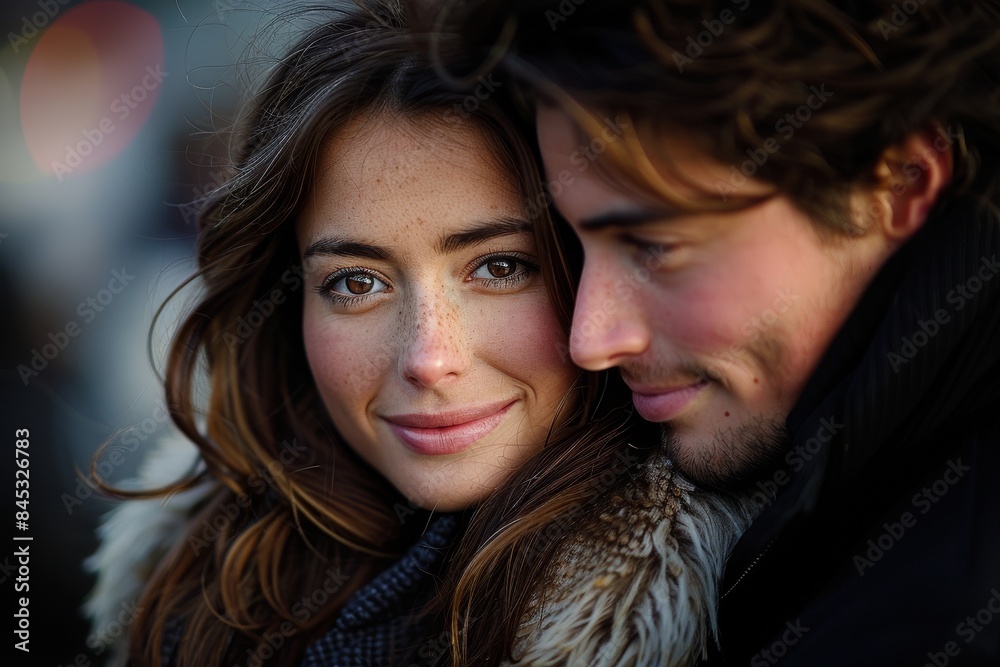 A loving couple is closely embracing, smiling at the camera with a blurred background A loving couple is closely embracing, smiling at the camera with a blurred background