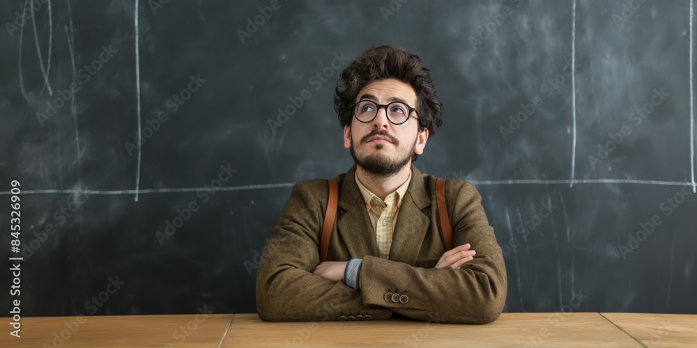 A thoughtful man wearing glasses and a blazer looks up while sitting at a desk in a classroom with a blackboard in the background, symbolizing contemplation and knowledge. A thoughtful man wearing glasses and a blazer looks up while sitting at a desk in a classroom with a blackboard in the background, symbolizing contemplation and knowledge.