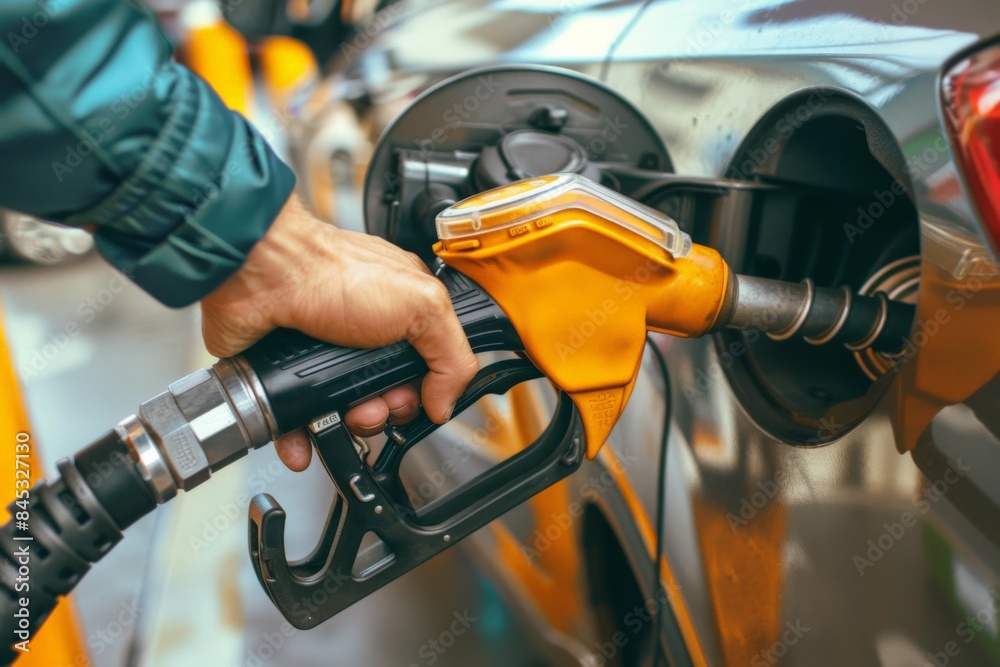 At a gas station, a person in a yellow jacket is fueling up a car using a fuel nozzle At a gas station, a person in a yellow jacket is fueling up a car using a fuel nozzle