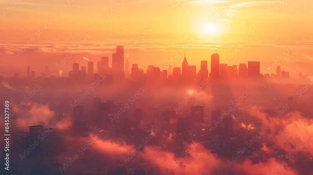 Fototapeta premium Dramatic Sunrise Bathes Bustling Cityscape in Warm Glowing Hues Symbolizing New Beginnings and Opportunities