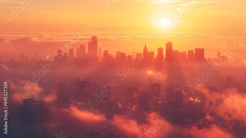 Dramatic Sunrise Bathes Bustling Cityscape in Warm Glowing Hues Symbolizing New Beginnings and Opportunities © Thares2020