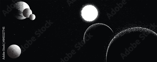 Stars and exoplanet in outer space. Futuristic landscape, with noise texture . Night landscape with starry sky .Vector illustration