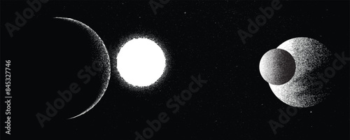 Stars and exoplanet in outer space. Futuristic landscape, with noise texture . Night landscape with starry sky .Vector illustration