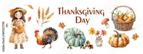 Thanksgiving day dishes. Festive turkey dinner, autumn meals buffet with pumpkin piece pie wine fall seasons vegetable cooked food dish on plate, cartoon vector illustration of thanksgiving turkey