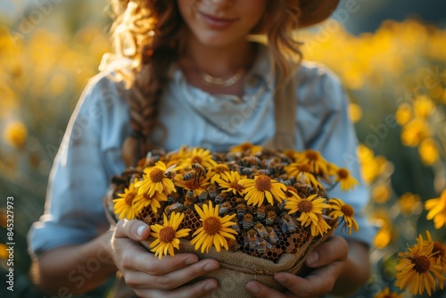 Smiling woman in the field holding a basket adorned with flowers and covered with bees, enjoying nature photo