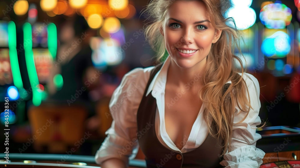 A woman with long blonde hair smiles as she looks towards the camera, standing in a casino with slot machines in the background