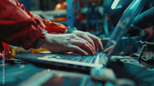 Mechanic diagnosing car issues with modern diagnostic tools, Adult male in blue mechanic uniform uses laptop for vehicle diagnostics, writes notes. Focus on concentration.