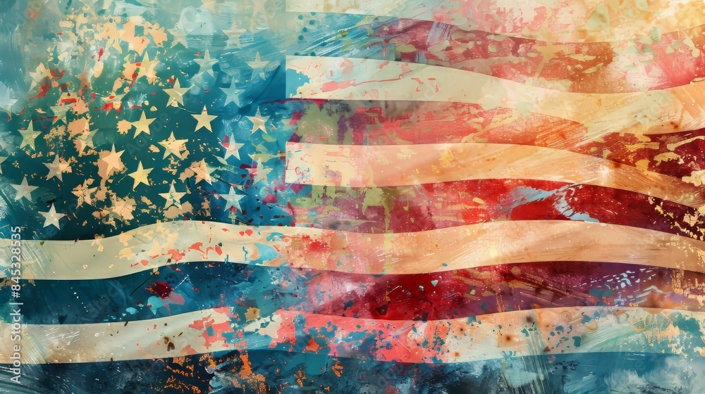 Close-up double exposure of USA flag fabric texture overlaying a Memorial Day scene, conveying deep reflection and creative thinking Close-up double exposure of USA flag fabric texture overlaying a Memorial Day scene, conveying deep reflection and creative thinking