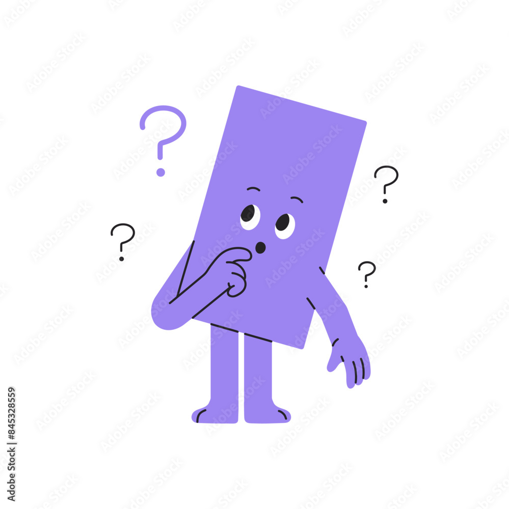 Puzzled geometric shape with question marks thinking. Thoughtful rectangle figure doubts, asks. Character with confused facial expression. Flat isolated vector illustration on white background