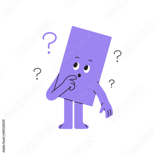 Puzzled geometric shape with question marks thinking. Thoughtful rectangle figure doubts, asks. Character with confused facial expression. Flat isolated vector illustration on white background